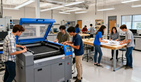 Students using Thunder Laser in university makerspace